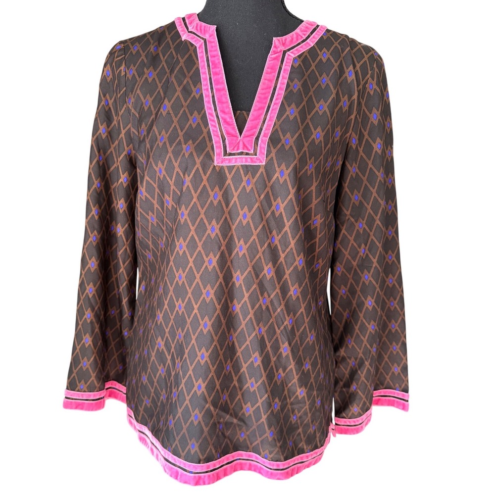 Jules Reid Tunic Top Size 2 Brown Geometric Print Pink Velvet Trim Preppy Boho